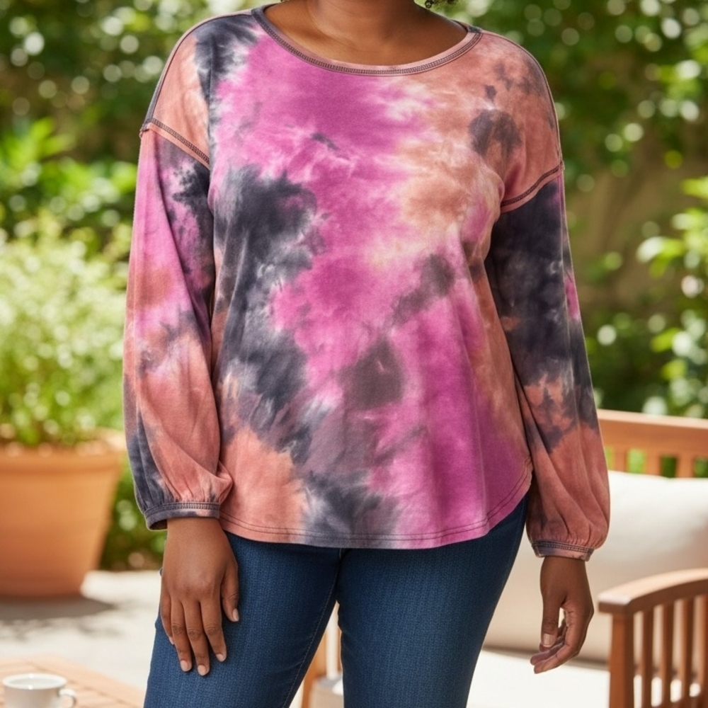 Umgee Pink Purple Black Brown Tie-Dye Long Sleeve Top Size XL NEW With Tags! - Picture 3 of 10